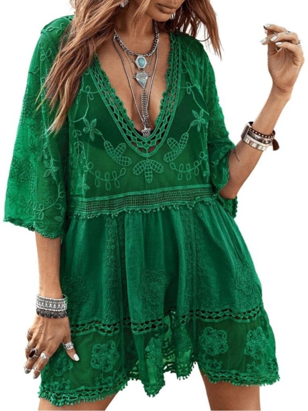 🆕Women's Grass Green Rayon V-Neck Coverup Mesh Lace Bathing Suit Swimsuit